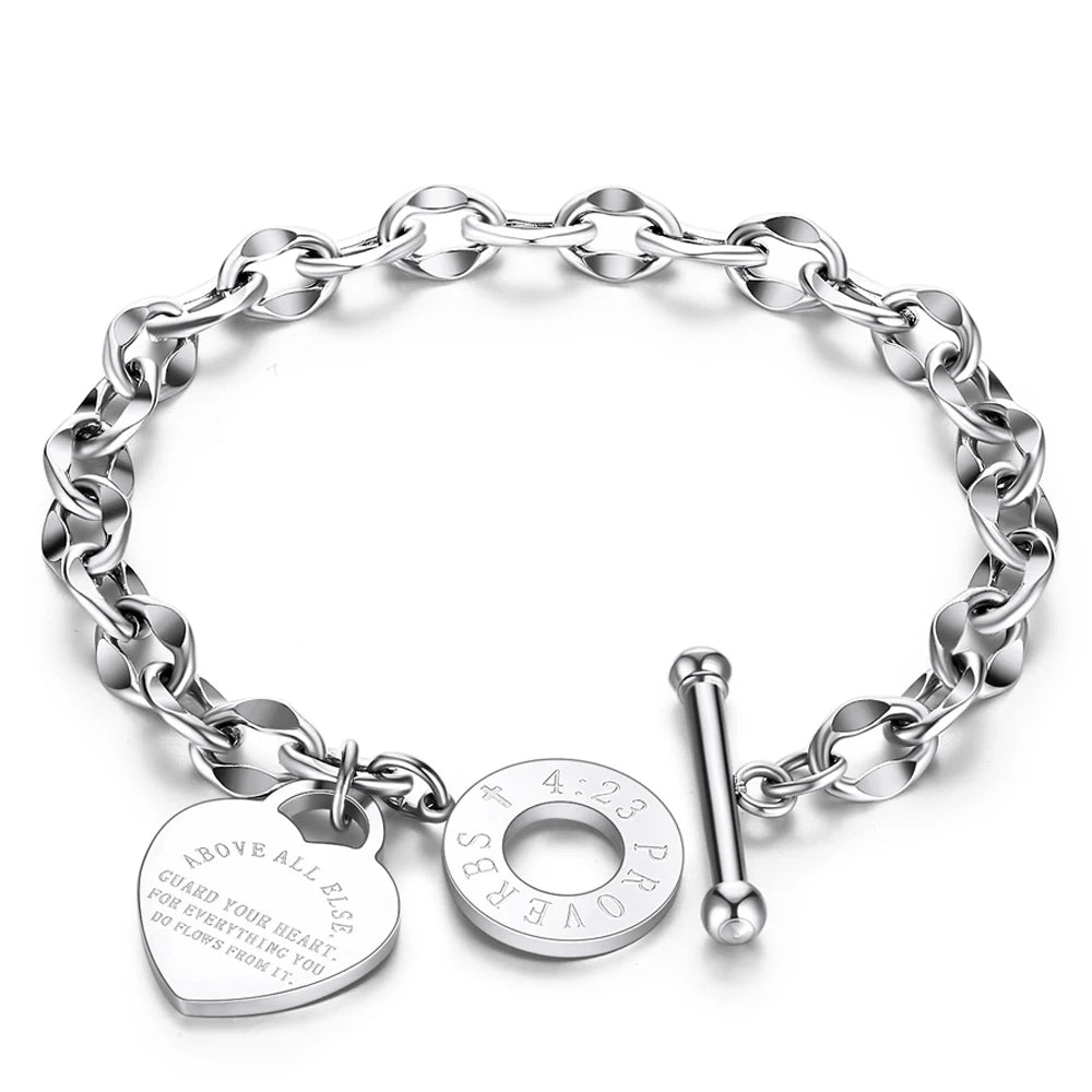 Stainless Steel Love Heart Bracelets For Women Party Gift Fashion Joyas de Chain Charm Bracelets Jewelry Wholesale Text Engraved