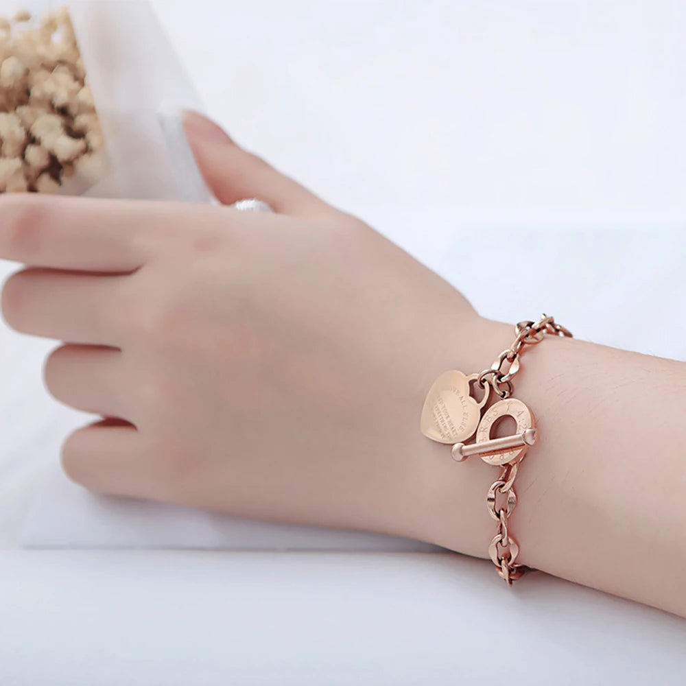 Stainless Steel Love Heart Bracelets For Women Party Gift Fashion Joyas de Chain Charm Bracelets Jewelry Wholesale Text Engraved