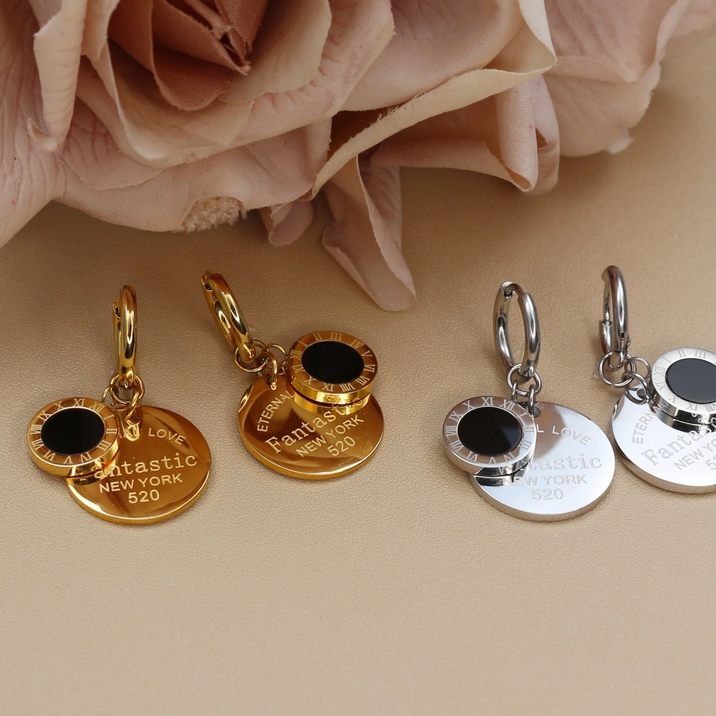 Stylish Stainless Steel Love Round pendant Roman digital earrings for women New style party wedding jewelry wholesale ME-193