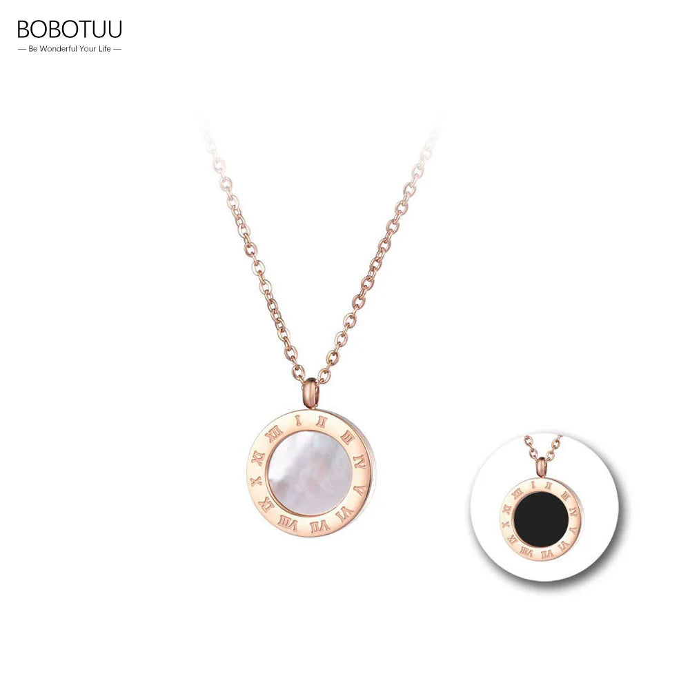 Classic Roman Numerals Black White Shell Pendant Necklaces Jewelry Stainless Steel Chokers Necklace For Women BN18019