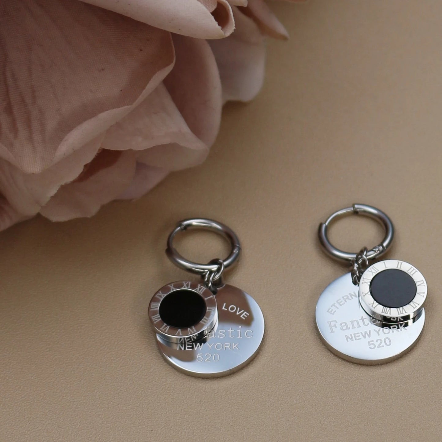 Stylish Stainless Steel Love Round pendant Roman digital earrings for women New style party wedding jewelry wholesale ME-193