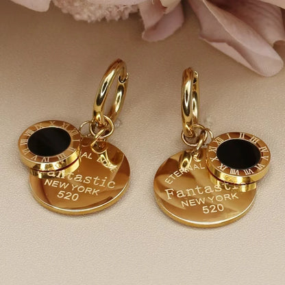 Stylish Stainless Steel Love Round pendant Roman digital earrings for women New style party wedding jewelry wholesale ME-193