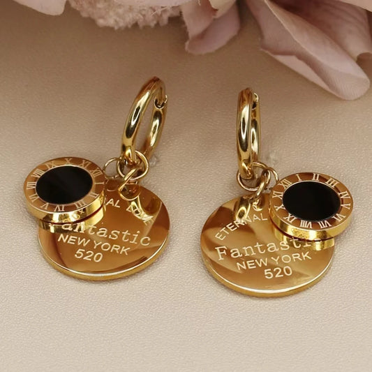 Stylish Stainless Steel Love Round pendant Roman digital earrings for women New style party wedding jewelry wholesale ME-193